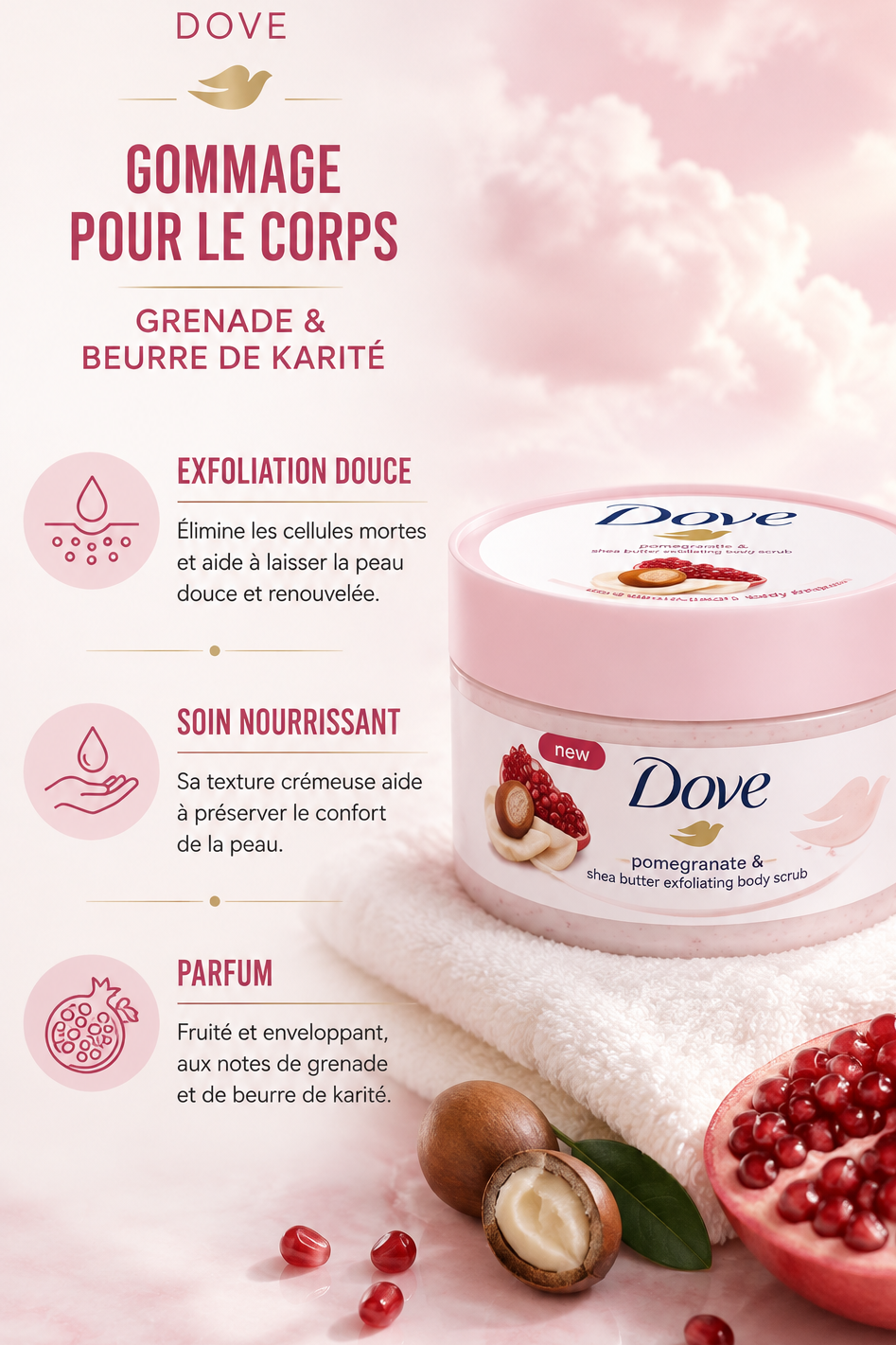 Dove Gommage corps Grenade et Beurre de Karité 225ml